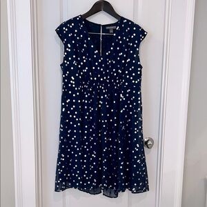 A Pea in the Pod Navy Maternity Dress w/ silver and light gold dots, size L